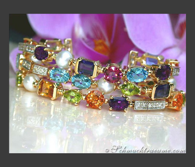 Exquisites Multicolor Edelstein Armband mit Diamanten & Perlen #1 Exquisites Multicolor Edelstein Armband mit Diamanten & Perlen #1