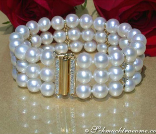Gorgeous Three Row Freshwater Pearl Bracelet with Diamonds in Yellow Gold