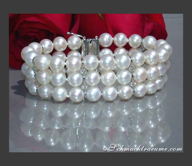 Dreireihiges Süßwasserperlen Brillanten Armband in Weißgold #1