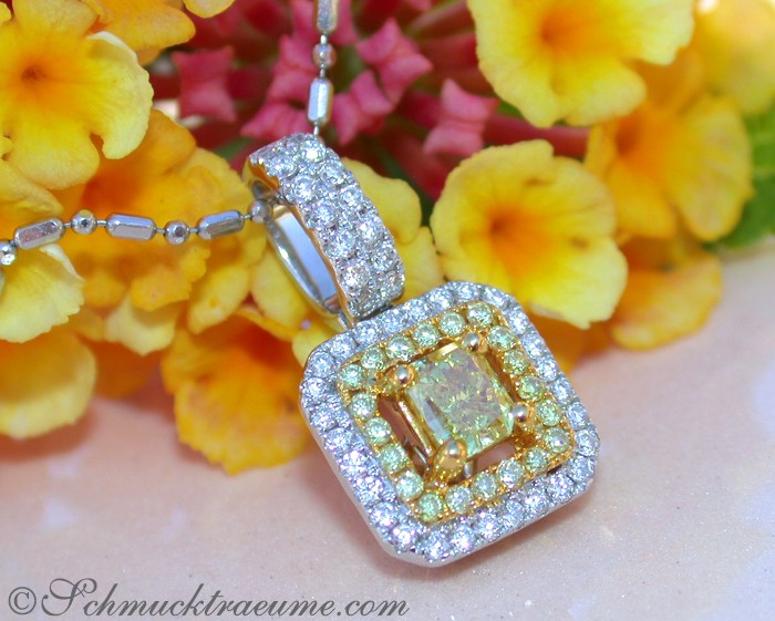 Erlesener Brillanten-Anhänger mit gelben Diamanten auf Halskette mit Blumen