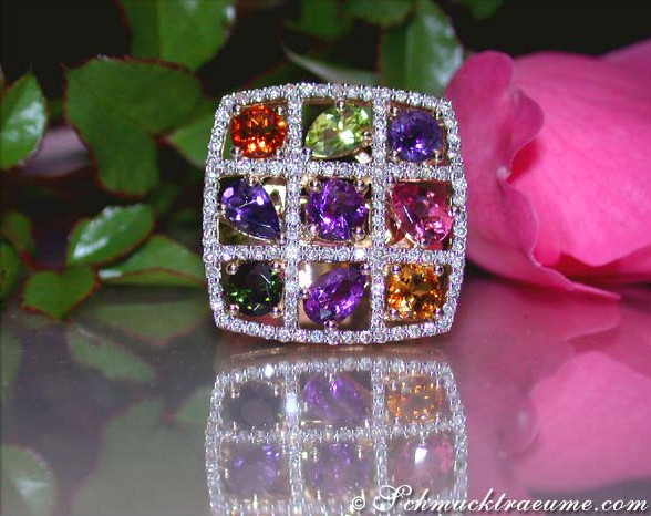 Multicolor-Edelstein-Ring mit Brillanten, Detailaufnahme, Gelbgold 750, farbenfroher Schmuck