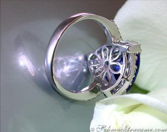 Klassischer Tansanit-Ring mit Brillanten, Detailaufnahme, elegant auf Blüte gestellt