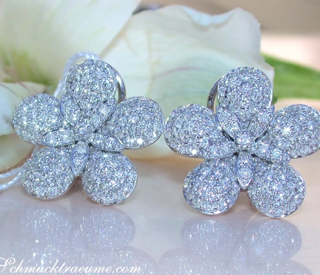 Blumenförmige Diamant-Ohrstecker in Weißgold 585, elegant auf weißem Hintergrund mit Blütendetail. Blumenförmige Diamant-Ohrstecker in Weißgold 585, elegant auf weißem Hintergrund mit Blütendetail.