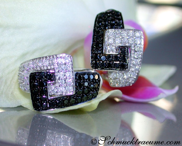 Schwarz-Weiß-Diamant-Ohrstecker auf Orchideenblüte, eleganter Chic.