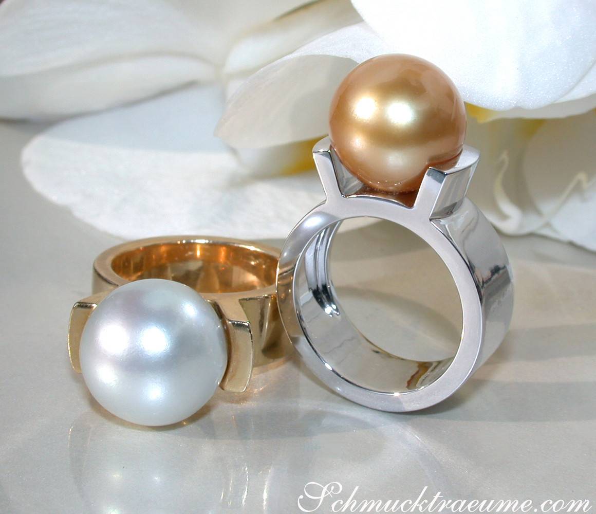 Goldener Süßwasserperlen-Ring in Weißgold 585, Perlendurchmesser 12-13 mm, detailreich, elegant.