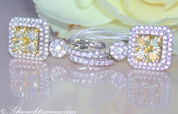 Edle gelbe Diamanten Ohrgehänge in Weißgold & Gelbgold 750, detailreich mit Brillanten verziert