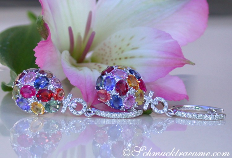 Multicolor Saphir Ohrhänger in Weißgold 750 mit funkelnden Brillanten