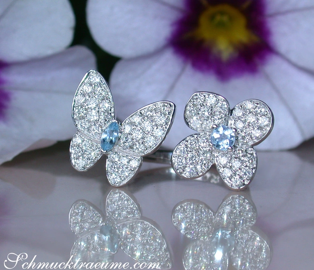 Floraler Brillantenring mit Schmetterling und Blüte, detailreich verziert, Weißgold 585 Floraler Brillantenring mit Schmetterling und Blüte, detailreich verziert, Weißgold 585