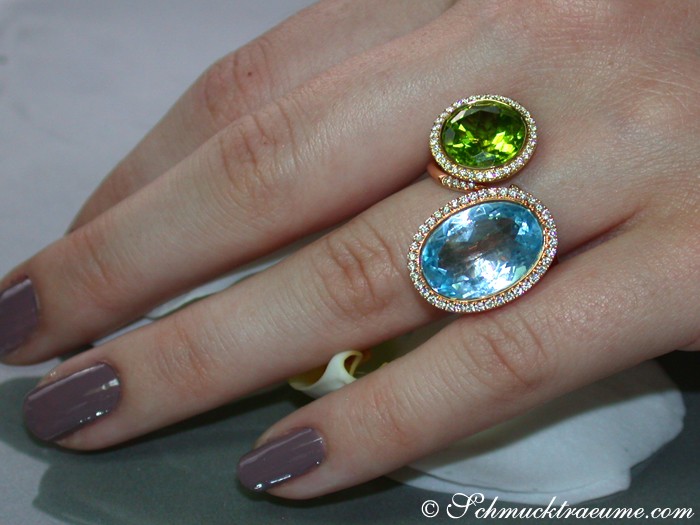 Klassischer Citrin-Ring mit Brillanten, doppelter Stein, Gelbgold 750