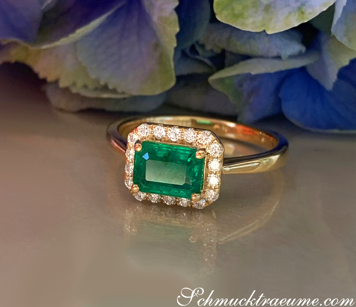 Verziertes Smaragd-Ringdetail mit Brillanten in Gelbgold 585