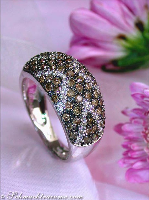 Detailaufnahme von cognac-braunen und weißen Diamanten im Ring, elegant verarbeitet.