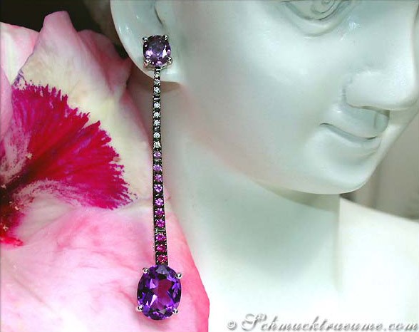 Schmuckträume: Amethyst-Ohrstecker mit Rubinen & Saphiren in Weißgold