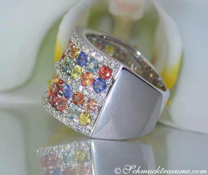 Regenbogen Saphir Brillanten Ring aus Weißgold 585, detailreiches Design, Farbpracht