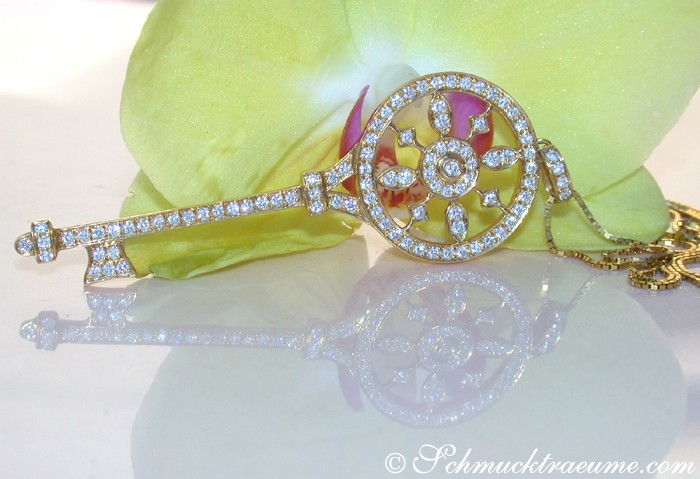 Detailansicht des Brillanten Schlüsselanhängers in Gelbgold 750, umgeben von Blütenblättern