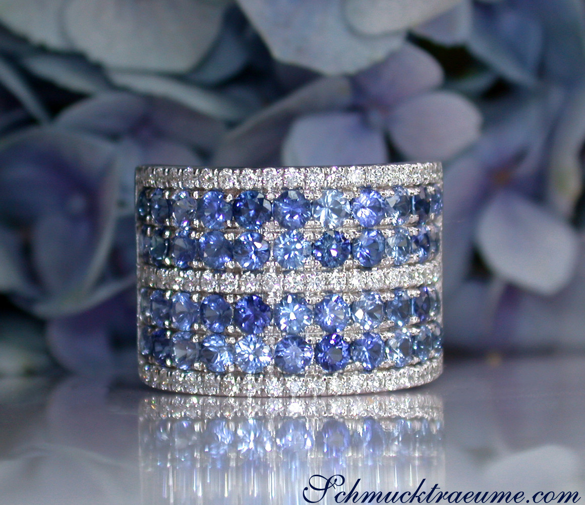 Prächtiger Saphir-Bandring mit Brillanten, Detailaufnahme, Weißgold 585