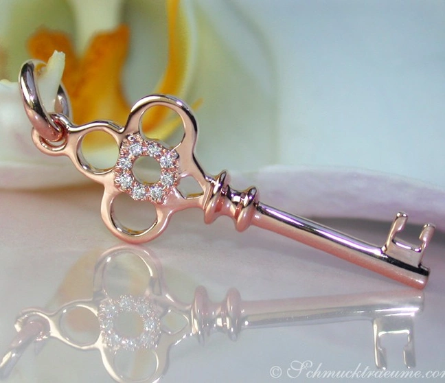Roségold-Diamant-Schlüsselanhänger mit Blume im Hintergrund Roségold-Diamant-Schlüsselanhänger mit Blume im Hintergrund