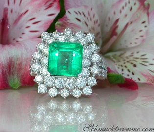 Weißgold-Smaragd-Ring mit Diamanten, prächtig besetzt, Blumen im Hintergrund.