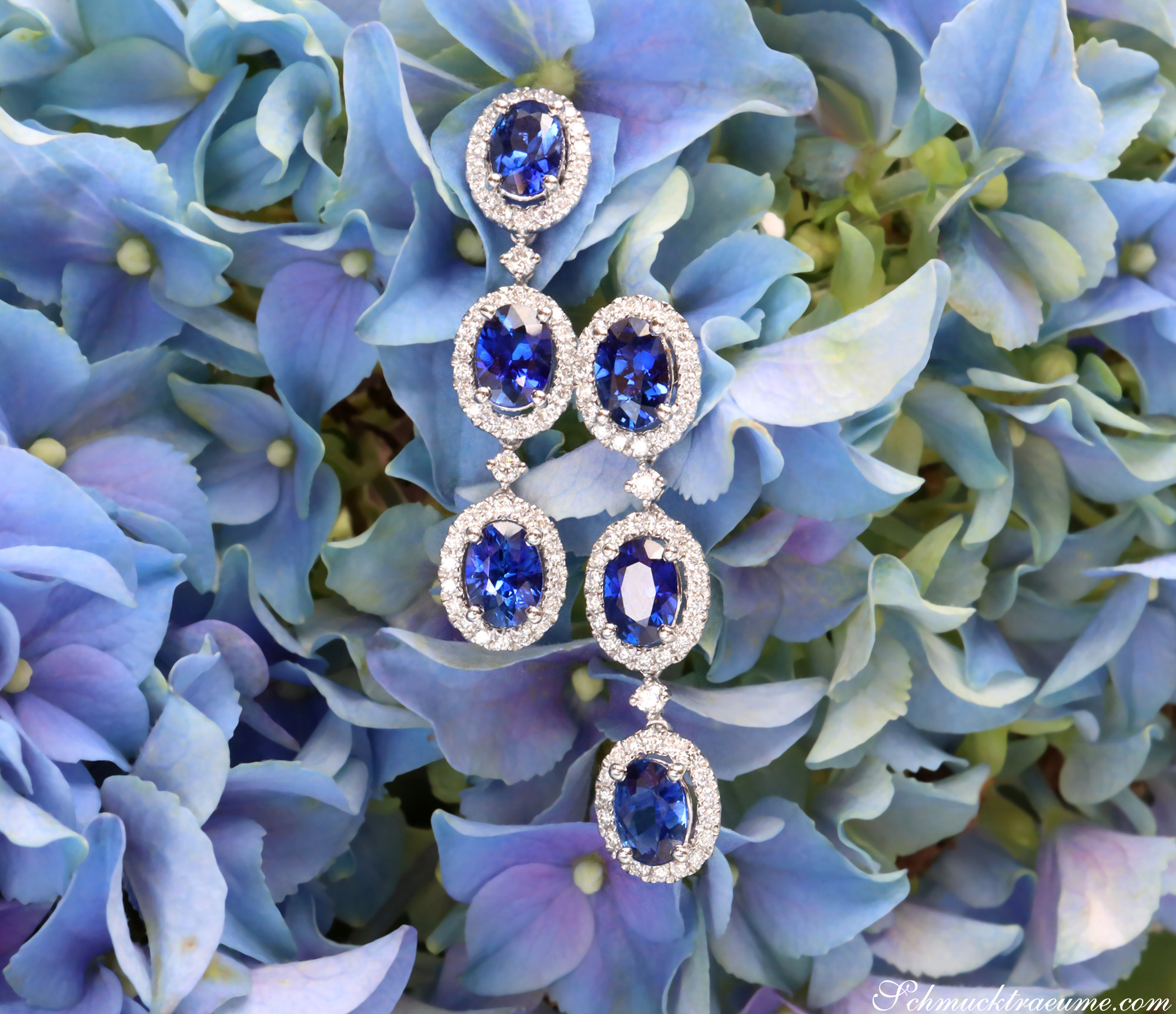Blumige Hintergrund mit blauen Hortensienblüten und eleganten Saphir-Ohrhängern mit Diamanten.