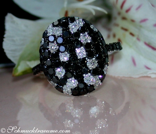 Schwarz-weißer Diamant-Ring auf Blüte, Detailaufnahme. Schwarz-weißer Diamant-Ring auf Blüte, Detailaufnahme.