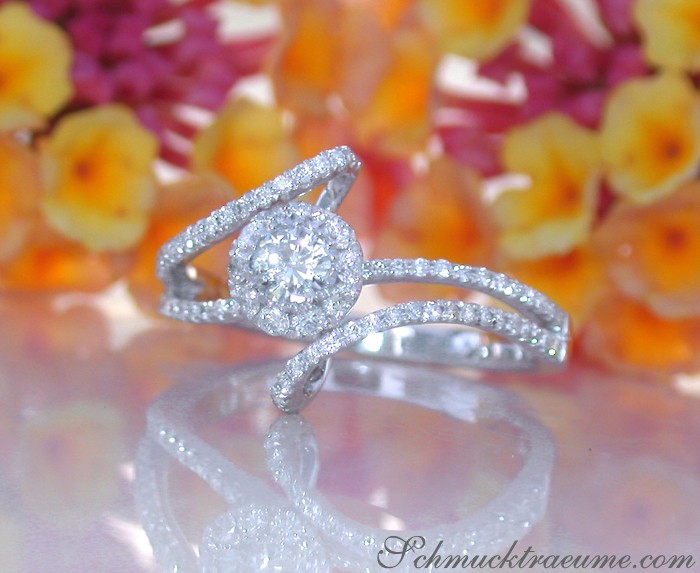 Diamant-Solitär-Ring in Weißgold 750, Detailaufnahme mit funkelndem Diamant, zarte Blüten im Hintergrund.