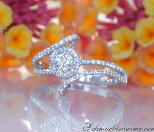 Diamant-Solitär-Ring in Weißgold 750, Detailaufnahme mit funkelndem Diamant, zarte Blüten im Hintergrund. Diamant-Solitär-Ring in Weißgold 750, Detailaufnahme mit funkelndem Diamant, zarte Blüten im Hintergrund.