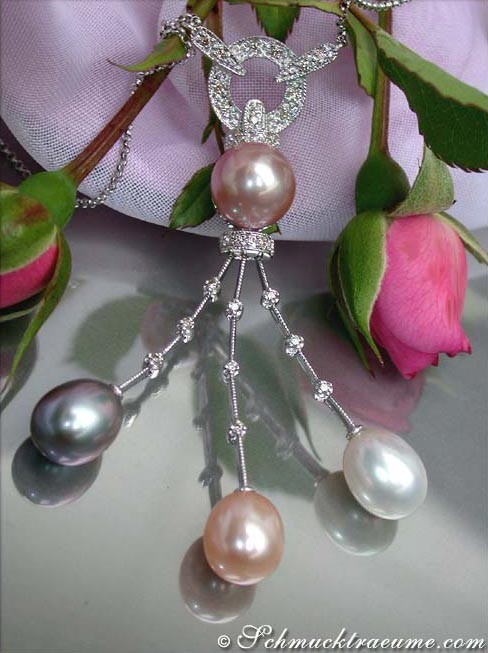 Süßwasserperlen-Collier mit Diamanten in Weißgold 585