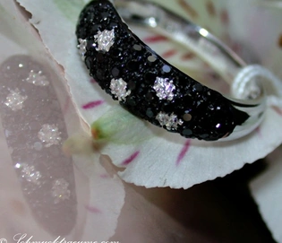 Schwarzer Diamantring mit Tupfen-Design auf Blüte, detailreich, elegant