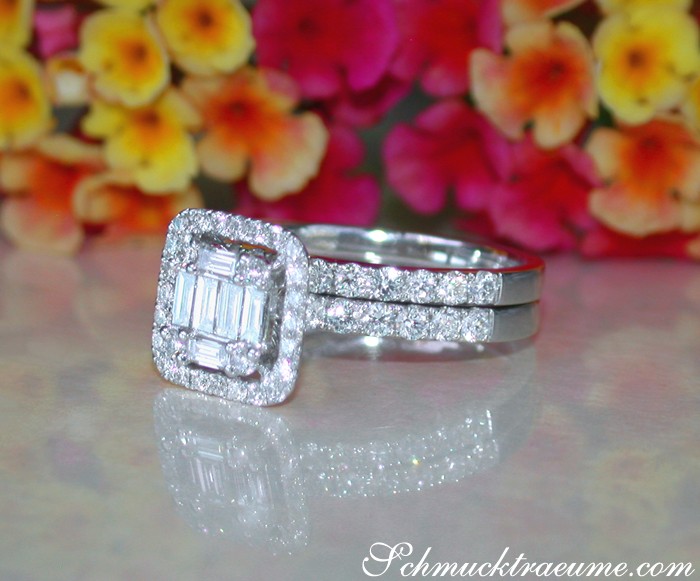 Exquisiter Diamant-Verlobungsring mit Baguette- und Brillantschliff in Weißgold