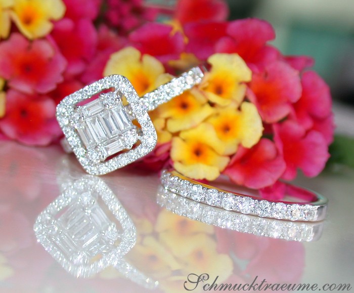 Exquisiter Diamant Verlobungsring mit Baguette- und Brillantschliff in Weißgold 750