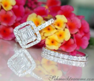 Exquisiter Diamant Verlobungsring mit Baguette- und Brillantschliff in Weißgold 750