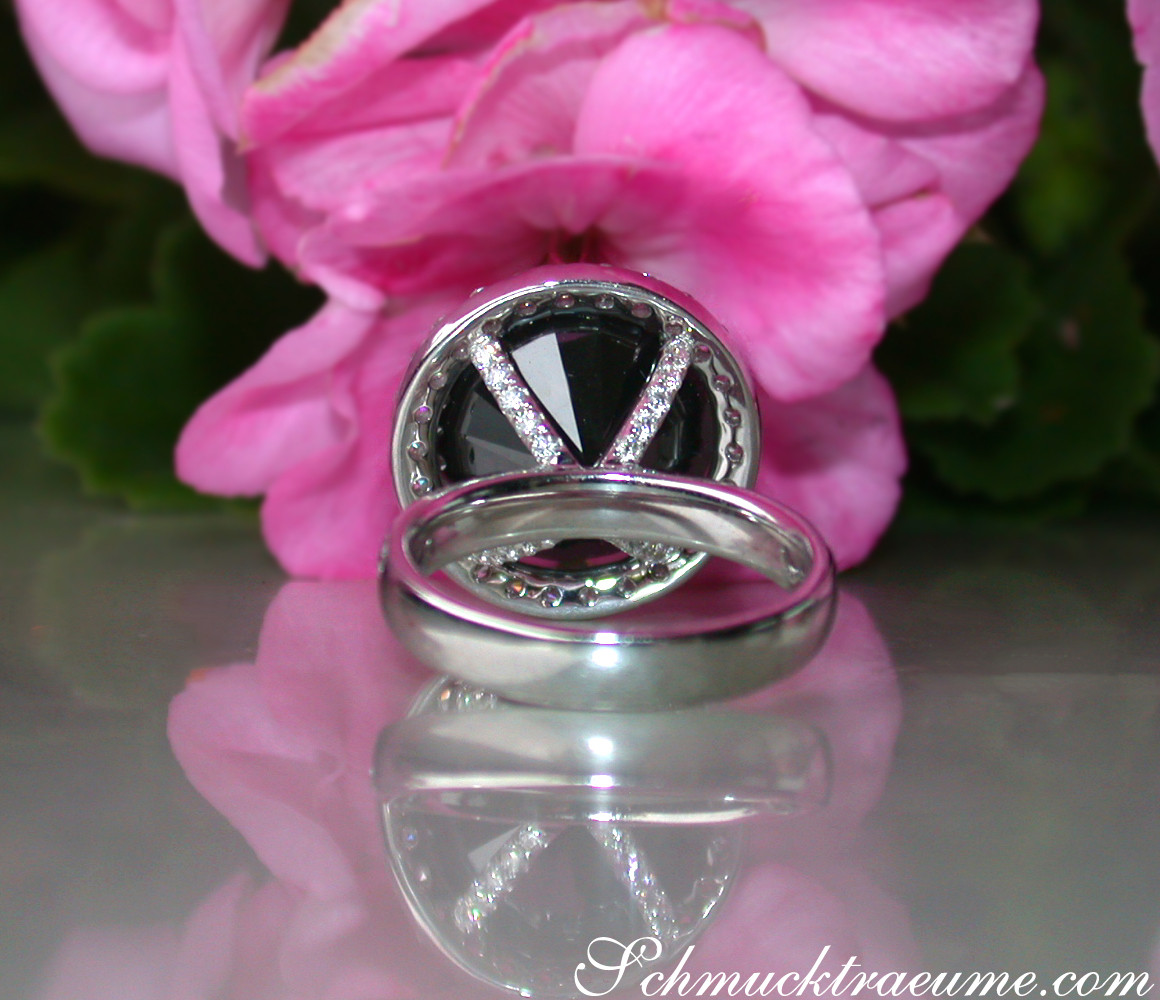 Schwarz-diamantiger Solitär-Ring mit Brillanten, Detailaufnahme vor rosa Blume.
