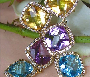 Multicolor Edelstein Ohrgehänge mit Diamanten, Gelbgold 750