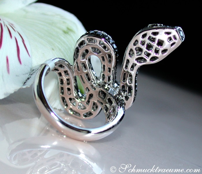 Schlangenring mit schwarzen Diamanten, Detailaufnahme, weißer Hintergrund