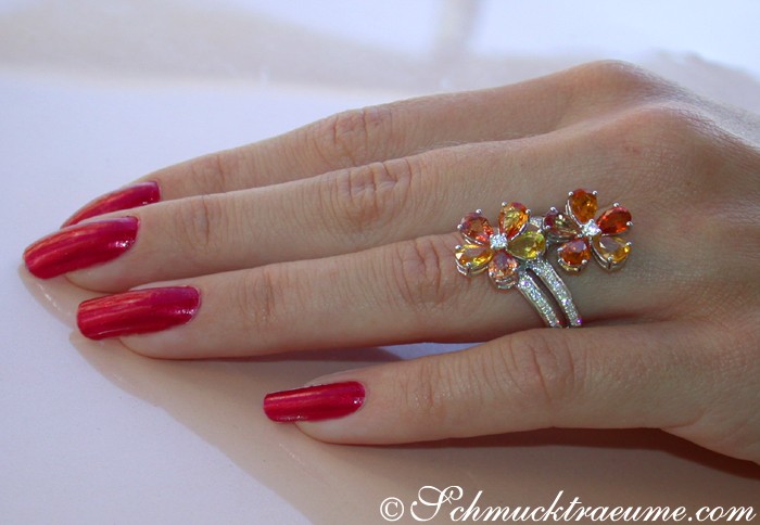 Prächtiger Doppel Blumen Ring mit Saphiren & Brillanten - Image 4