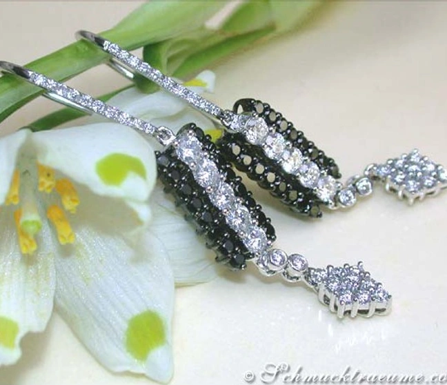 Schwarze Diamant-Ohrhänger mit weißen Details, floraler Hintergrund, elegant und luxuriös Schwarze Diamant-Ohrhänger mit weißen Details, floraler Hintergrund, elegant und luxuriös