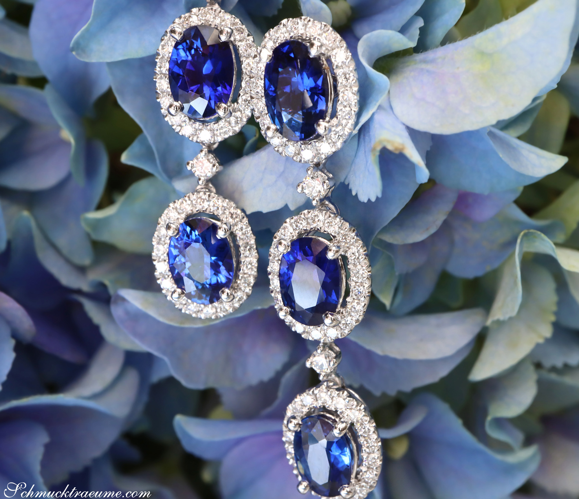 Ohrgehänge mit ovalen Saphiren und Brillanten, blütenartig, Weißgold 750, vor Blütenblättern.