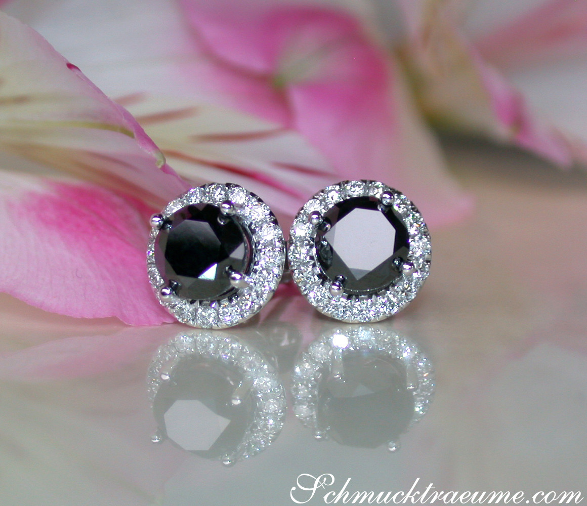 Schwarze Diamant-Ohrstecker mit Halo-Design, detailreich, elegant, auf Blüte platziert.