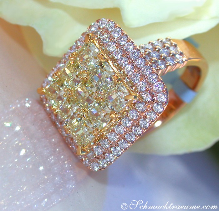 Detail des exquisiten Gelbdiamant-Rings in Roségold, funkelnd und elegant