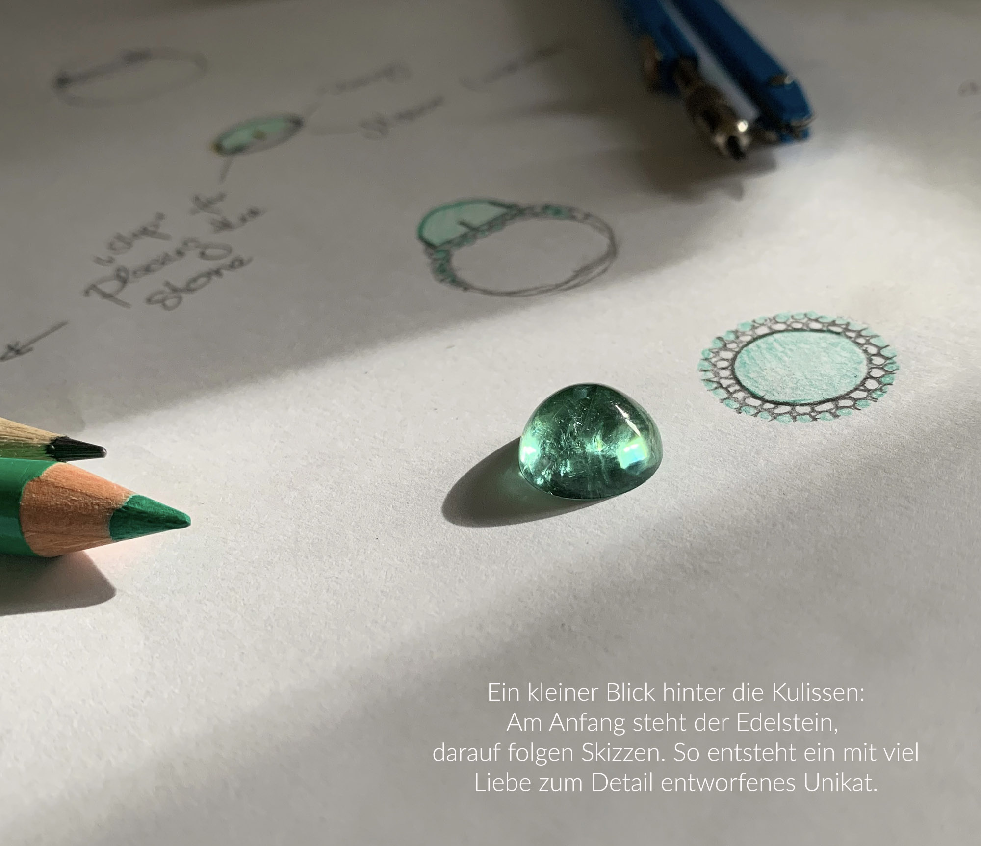 Designskizze für Minz-Turmalin-Ring mit Tsavorite und Brillanten