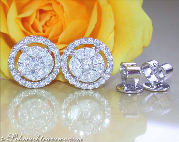 Ohrstecker aus Weißgold mit Diamanten im Marquise und Princess Schliff, detailgenaue Handarbeit, elegant.