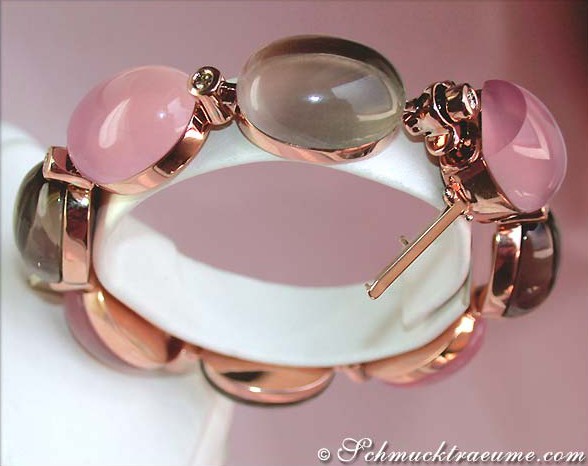 Rosenquarz-Rauchquarz-Armband Detail: Edelsteine in Roségold 750, eleganter Schmuck für besondere Anlässe