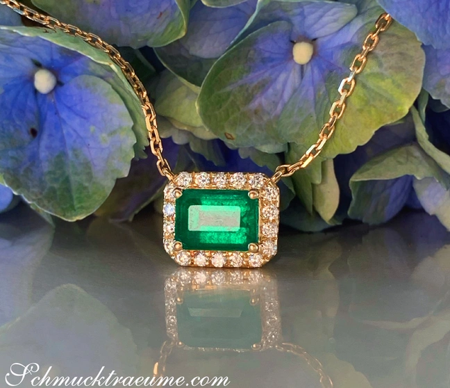 Goldene Halskette mit Smaragd und Diamanten vor Blütenblättern Goldene Halskette mit Smaragd und Diamanten vor Blütenblättern