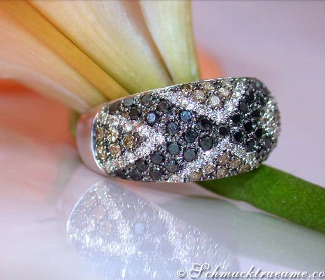 Aparter Ring mit schwarzen Diamanten, weißen & naturbraunen Brillanten - Image 1 Aparter Ring mit schwarzen Diamanten, weißen & naturbraunen Brillanten - Image 1