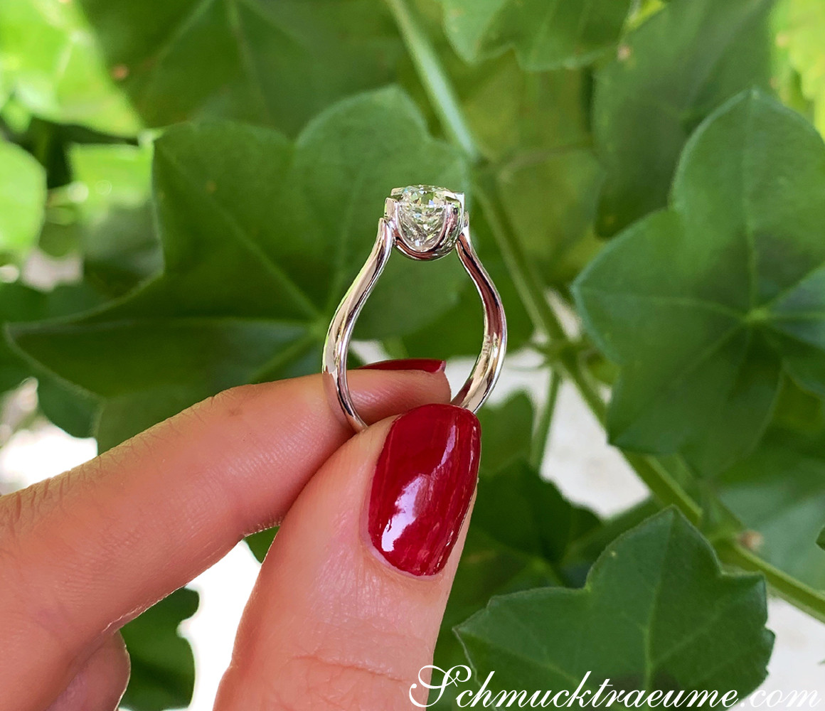 Ringschließe mit Brillant im Weißgold vor grünen Blättern
