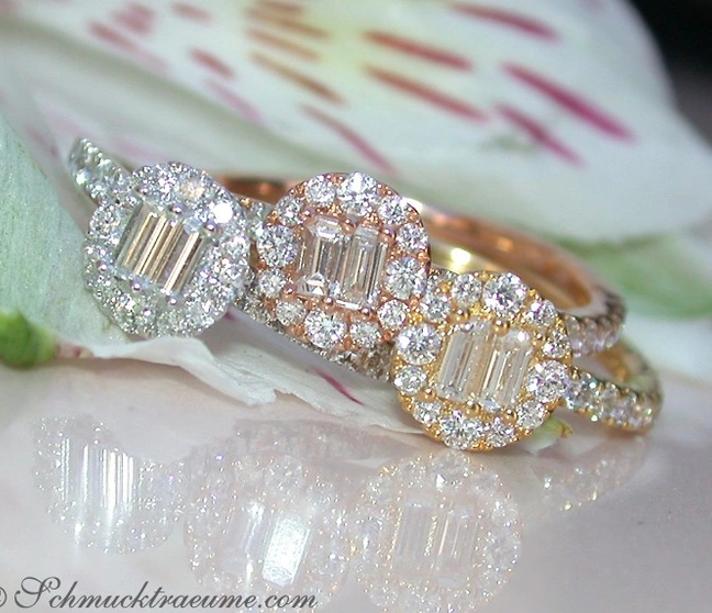 Schimmerndes Diamantring-Set mit Baguette- und Runddiamanten, 750 Gold Schimmerndes Diamantring-Set mit Baguette- und Runddiamanten, 750 Gold