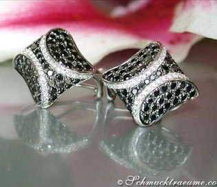 Puristische Ohrstecker mit schwarzen und weißen Diamanten, detailreich, elegant, auf glänzender Oberfläche präsentiert.