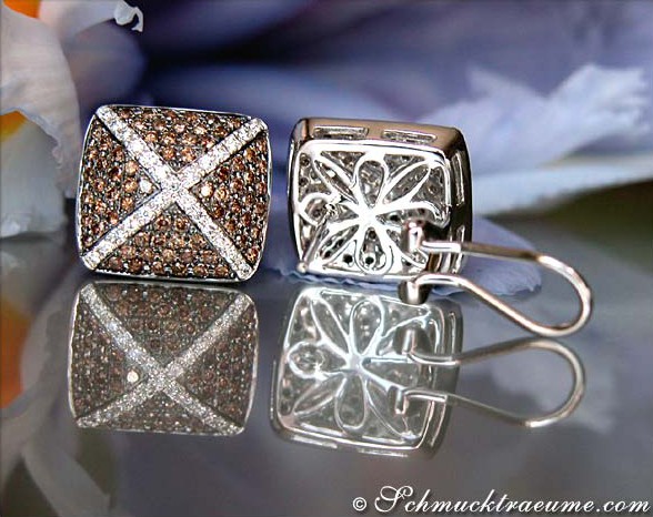 Weißgold-Ohrstecker mit naturbraunen und weißen Brillanten, detailreich verziert, auf glänzender Oberfläche präsentiert.