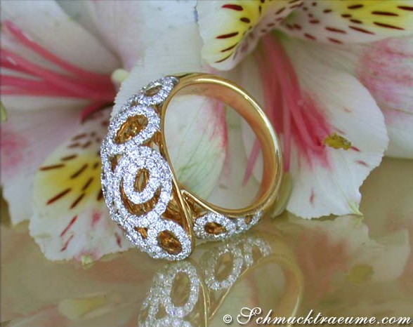 Goldener Brillant-Ring mit Diamantbesatz, Detailaufnahme vor Blütenhintergrund