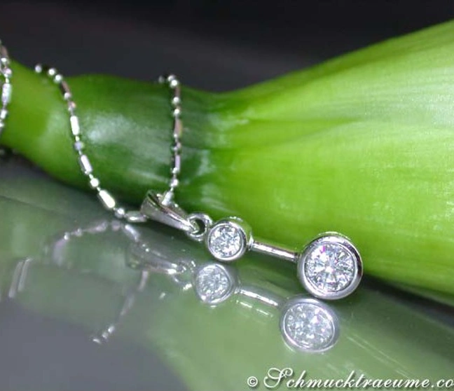 Diamant-Solitär-Halskette aus Weißgold, zarte Kettenperspektive mit grünem Hintergrund. Diamant-Solitär-Halskette aus Weißgold, zarte Kettenperspektive mit grünem Hintergrund.