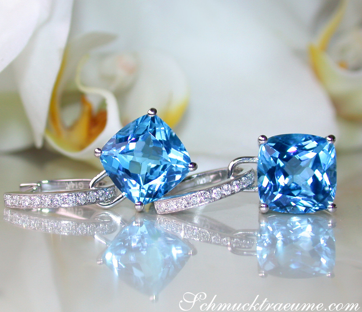 Blautopas Kissen Ohrringe mit Diamanten in Weißgold 585